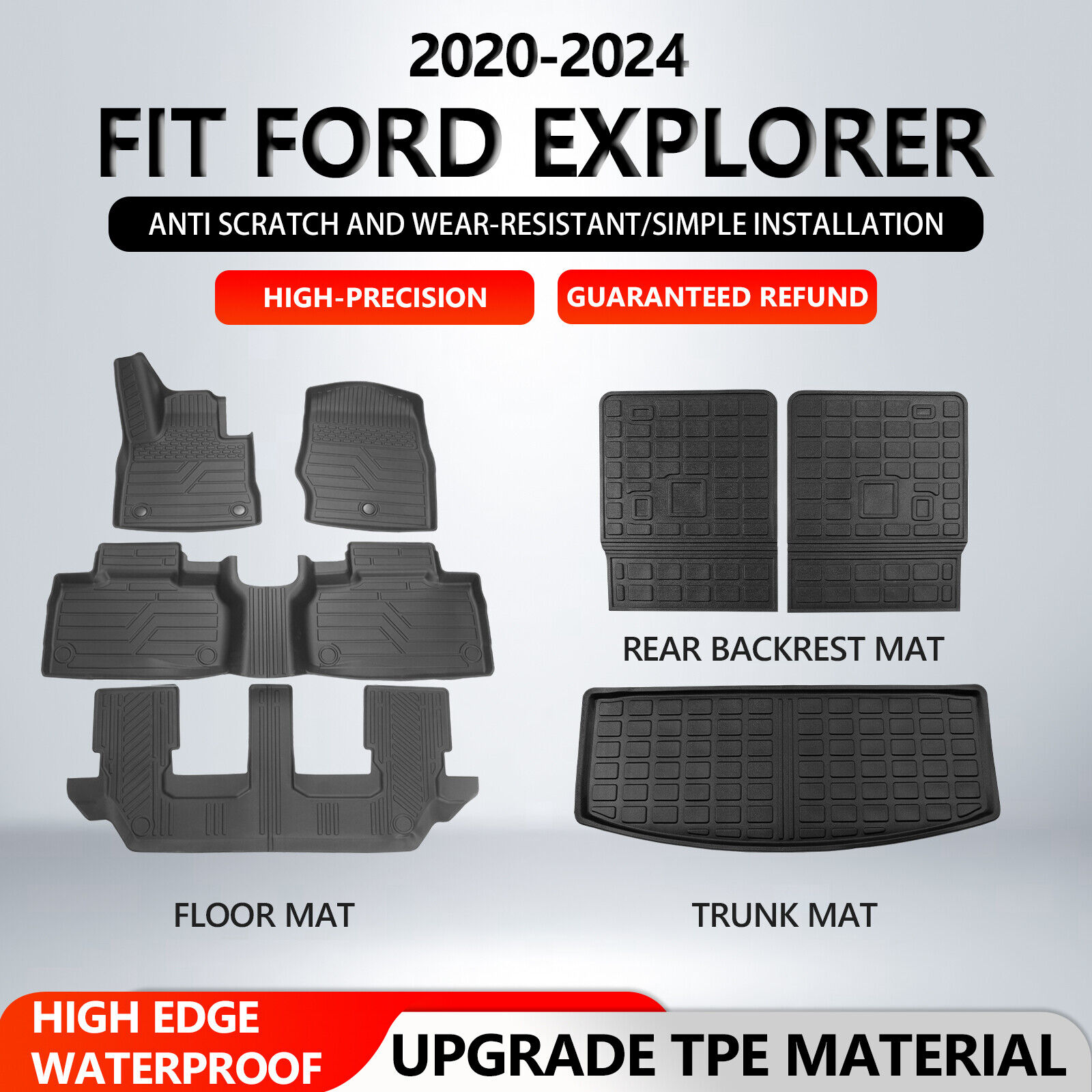 For 2020 ~ 2024 Ford Explorer Cargo Mats Floor Mats Backrest Mat Trunk Liner TPE