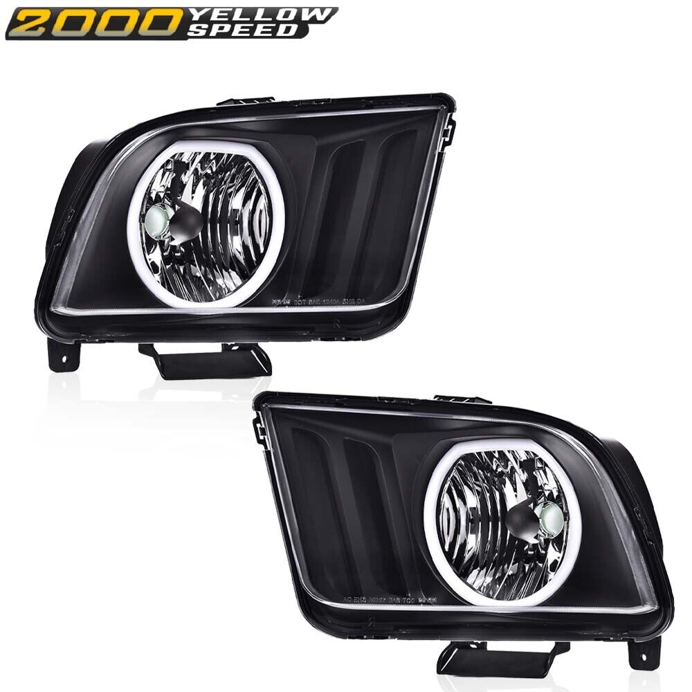 Fit For 2005-2009 Ford Mustang LED DRL Halo Headlights Assembly Black Headlamps 