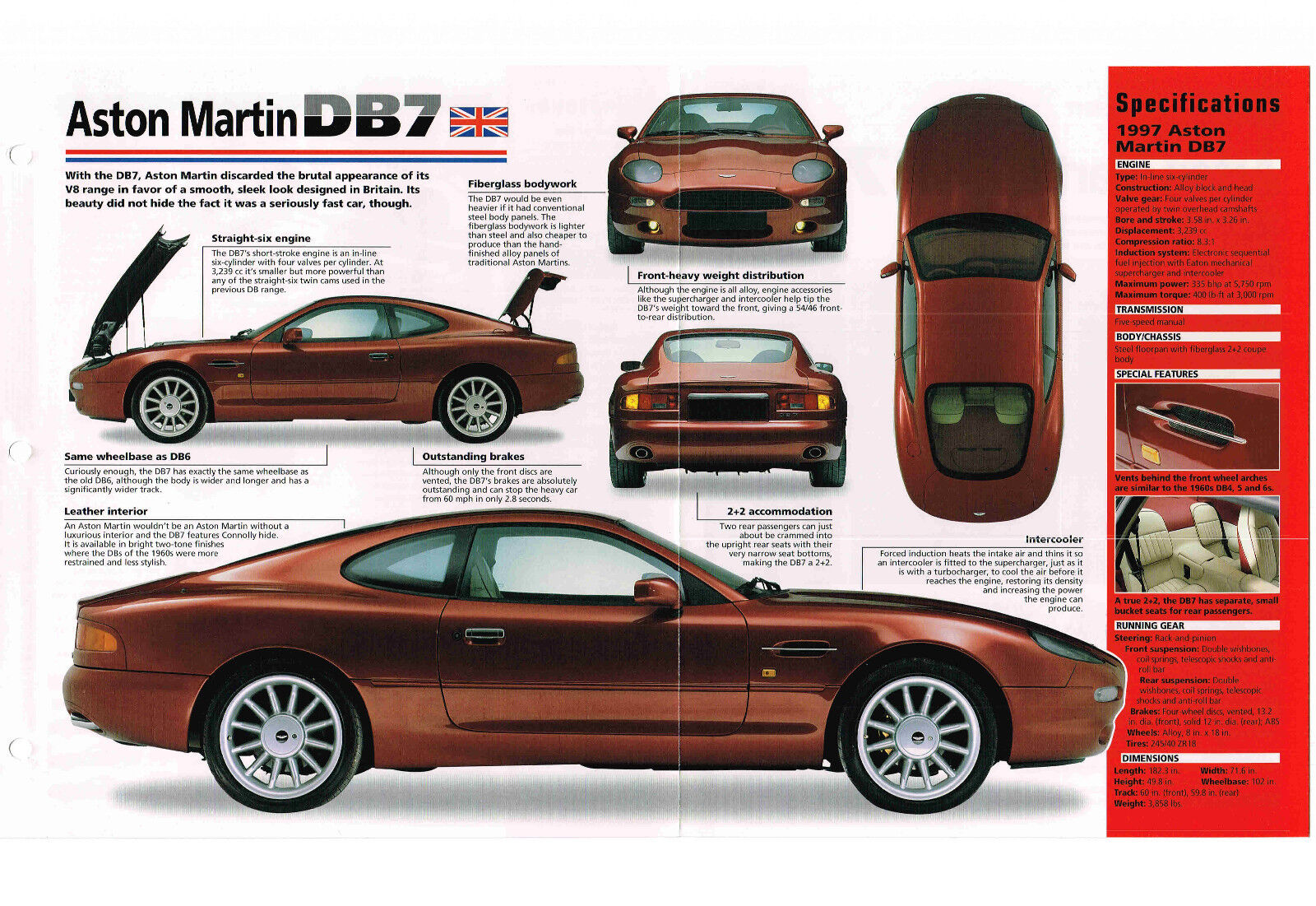 1996 / 1997 Aston Martin DB7 / DB-7 SPEC SHEET / Brochure / Catalog