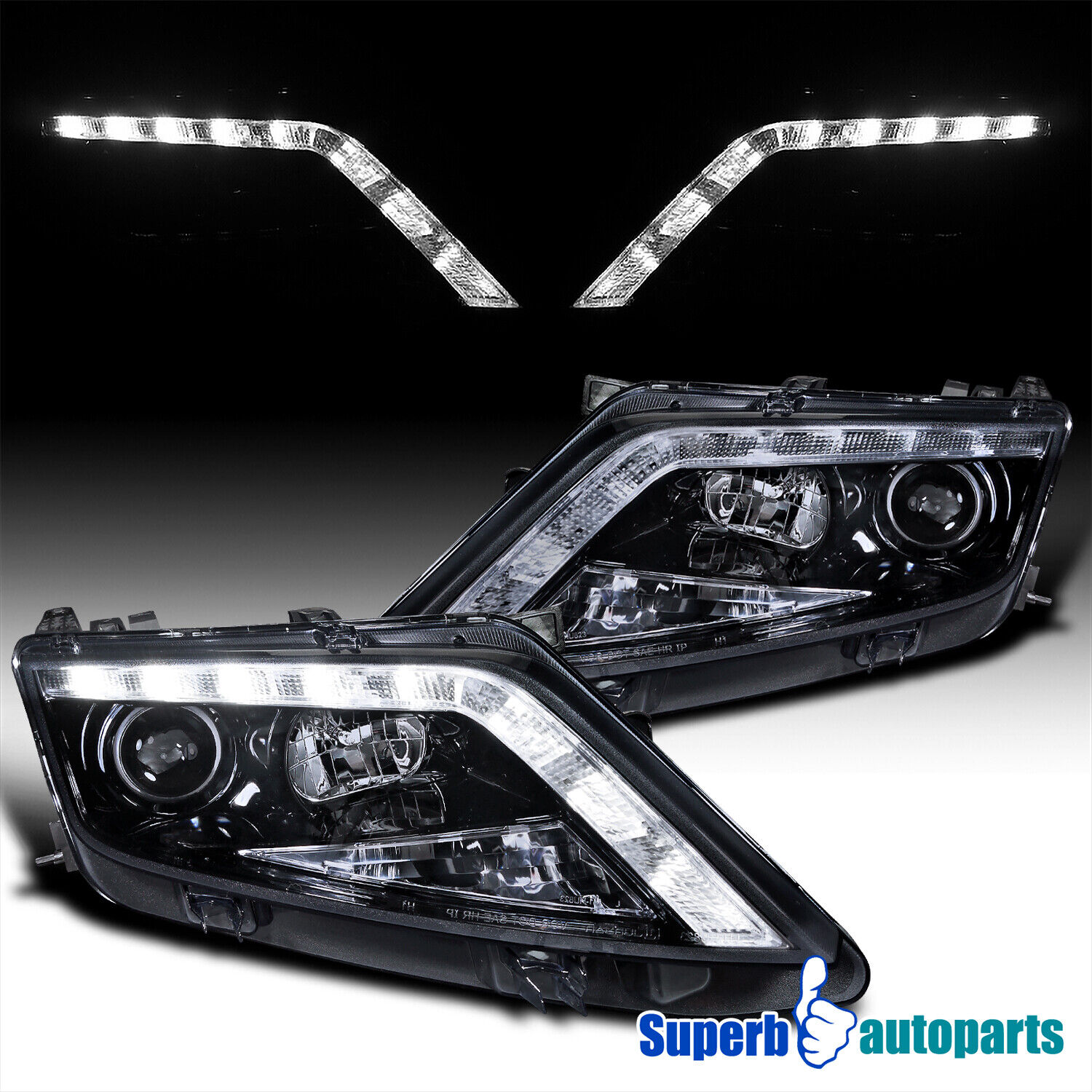 Fits 2010-2012 Ford Fusion Projector Headlights Glossy Black Smoke LED Bar Lamps
