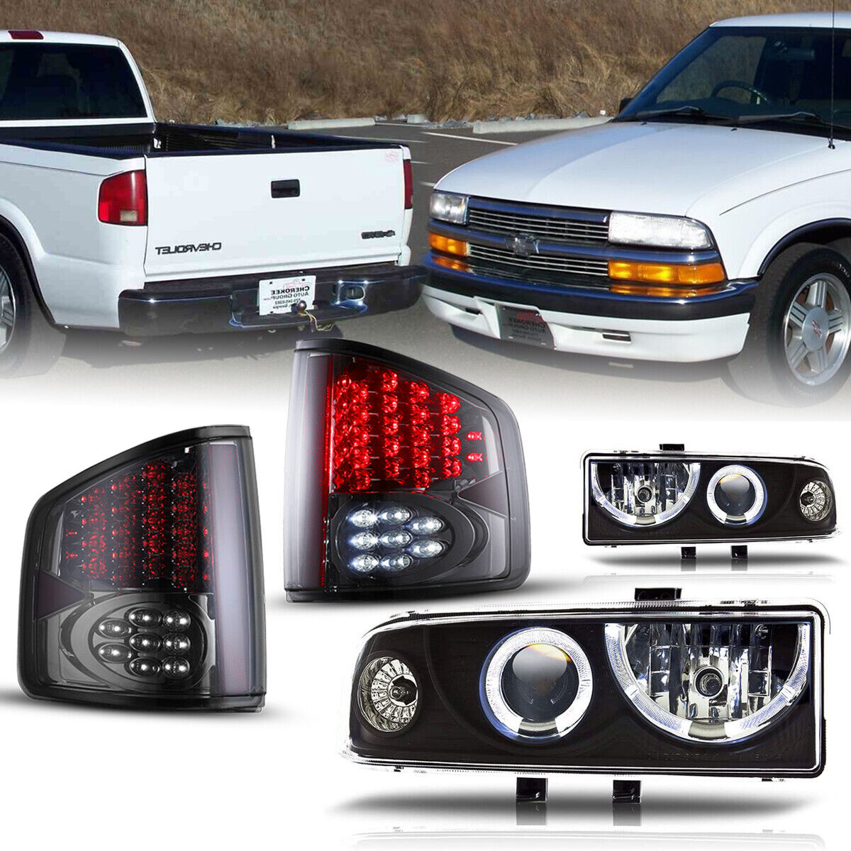 1 Pair Halo Projector Headlights+1 Pair LED Tail Lights For 1998-2004 Chevy S10