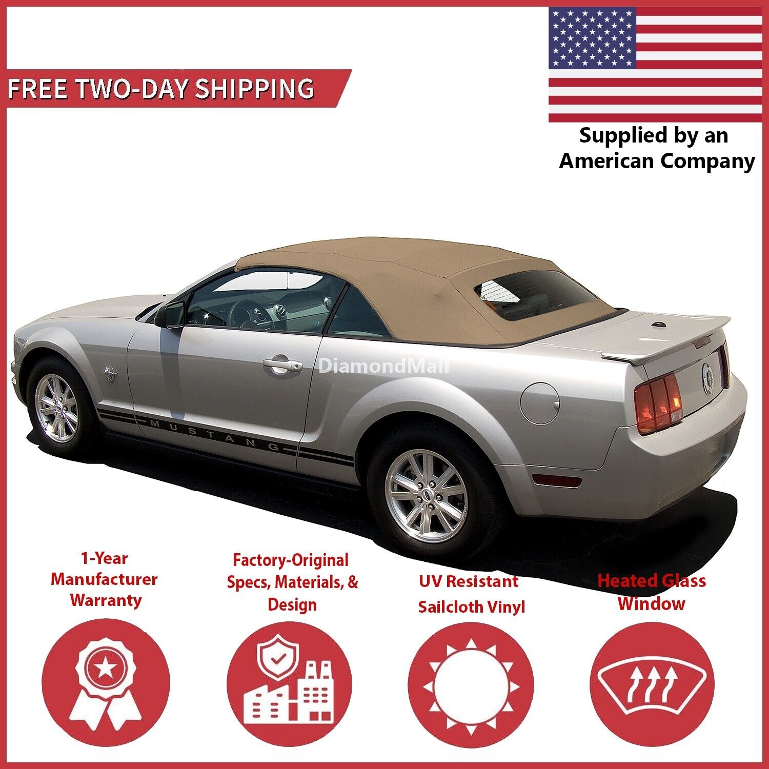 2005-14 Ford Mustang Convertible Soft Top w/ DOT Approved Glass Window, camel
