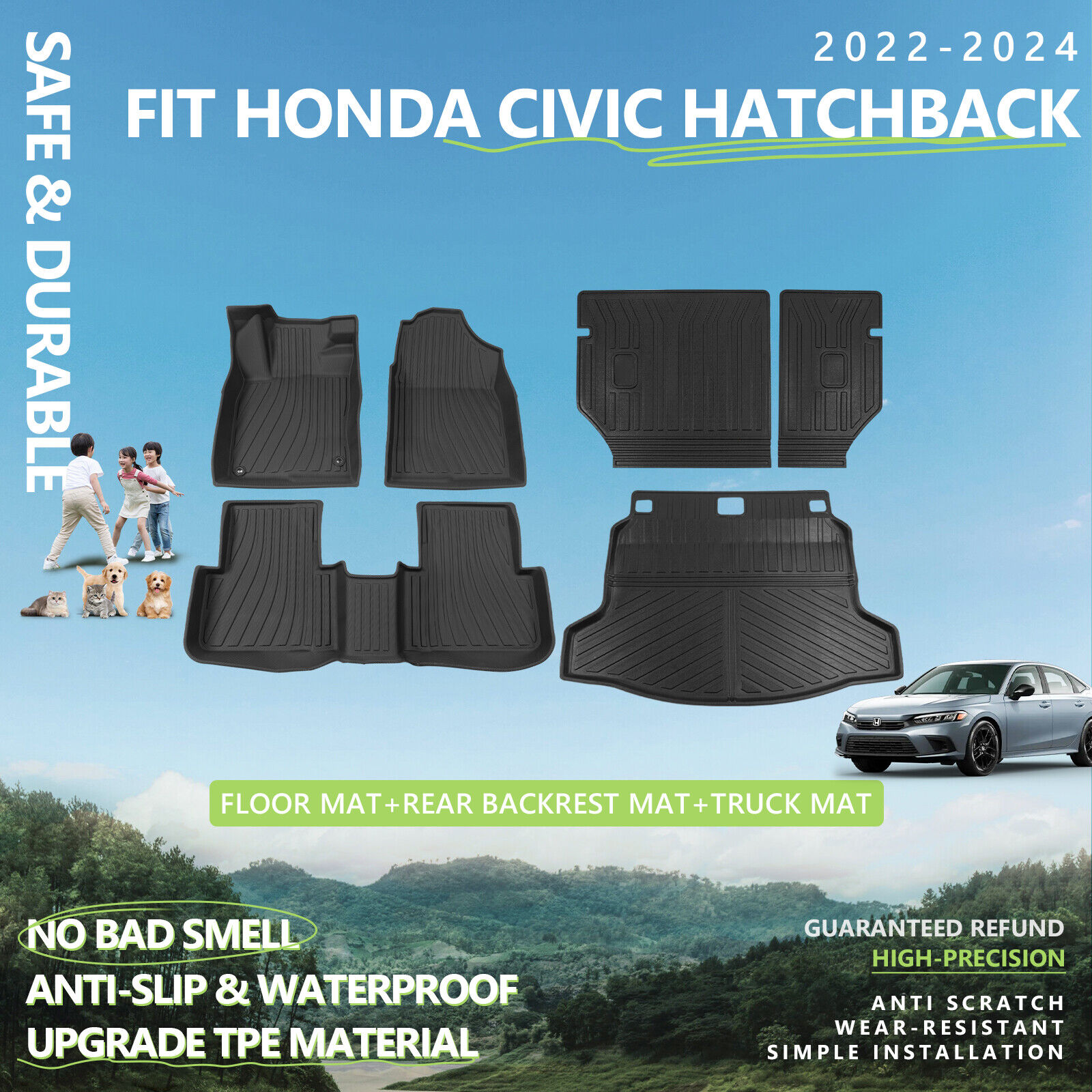 For 2022-24 Honda Civic Hatchback Cargo Mat Floor Mats Backrest Mat Trunk Liners