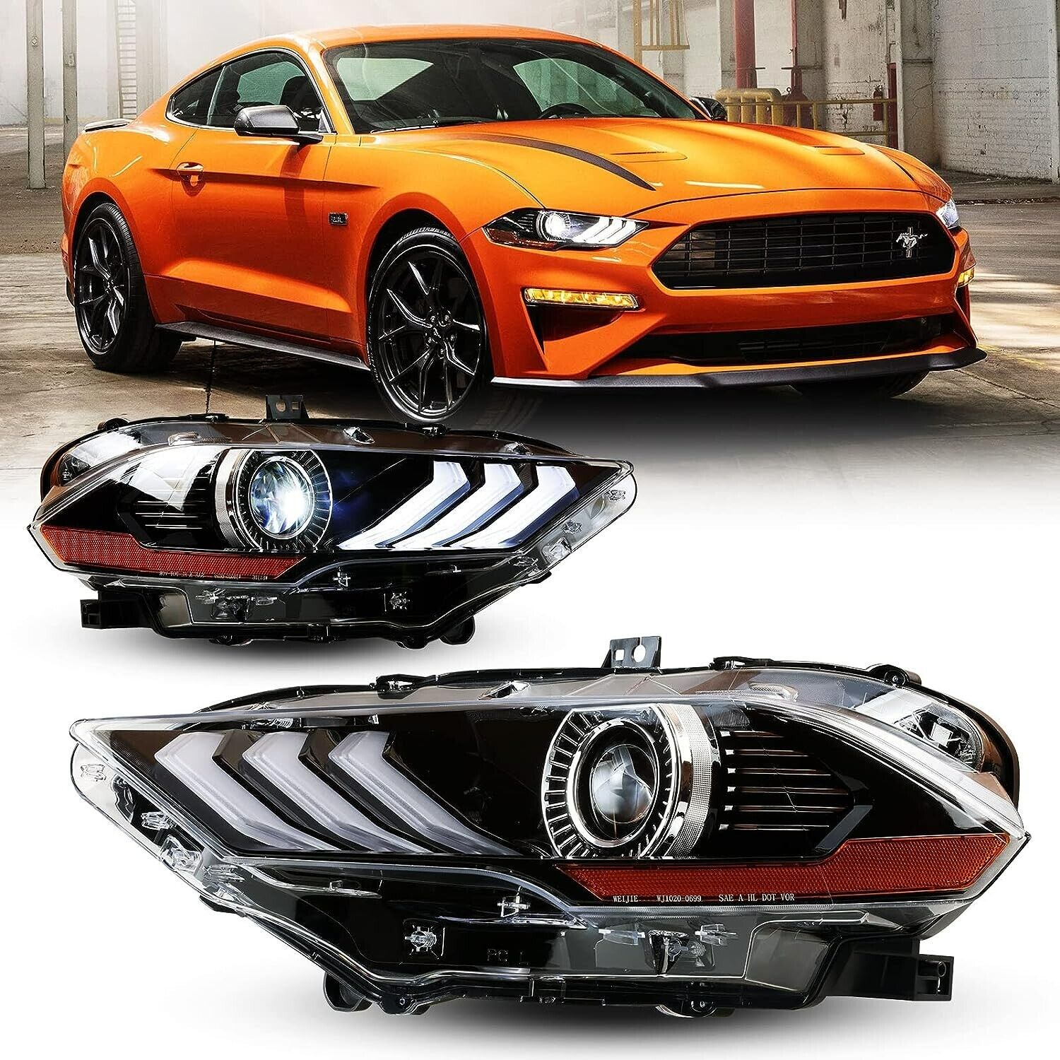 LED Headlights For 2018-2023 Ford Mustang DuaL Beam DRLProjector Headlamps Pairs