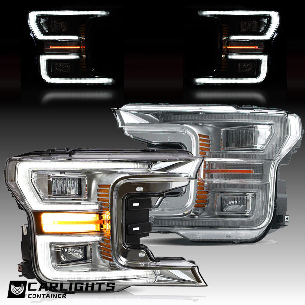 VLAND Chrome LED Headlights w/Sequential For 2018-2020 F-150 Headlamps DRL Sets