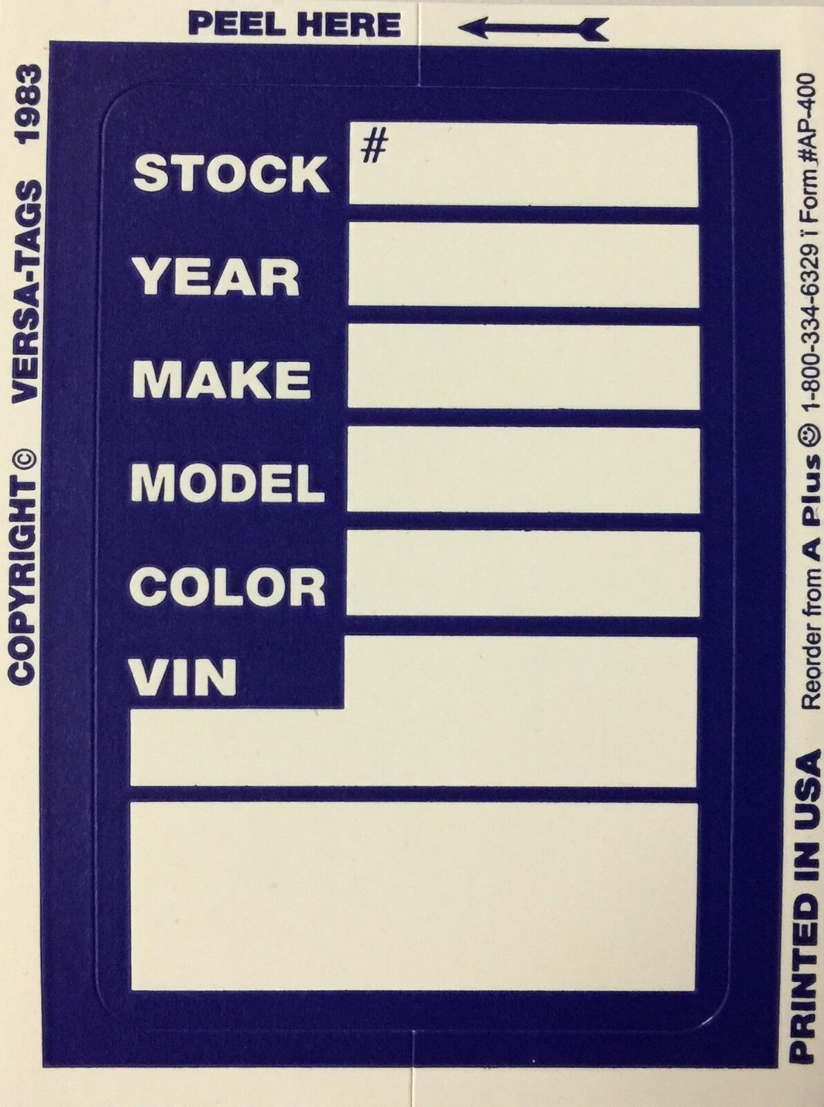 Versa Tag Kleer Bak Stock Stickers, 500 Car Dealer Stock Stickers 