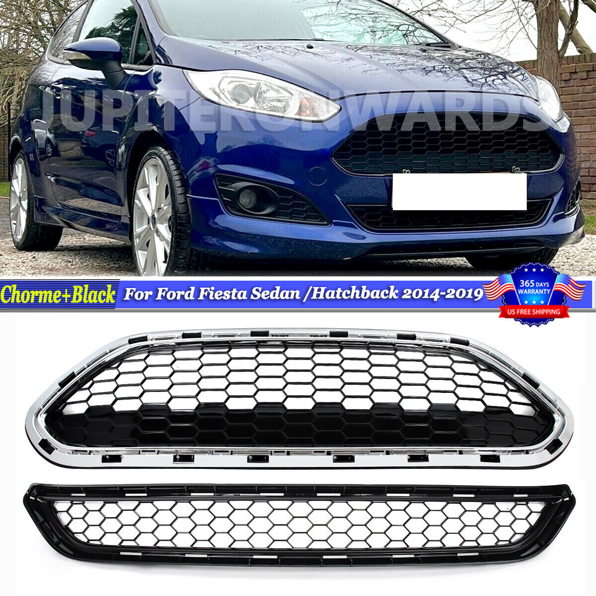 Chorme+Black ST Style Honeycomb Upper & Lower Grilles For Ford Fiesta 2014-2018