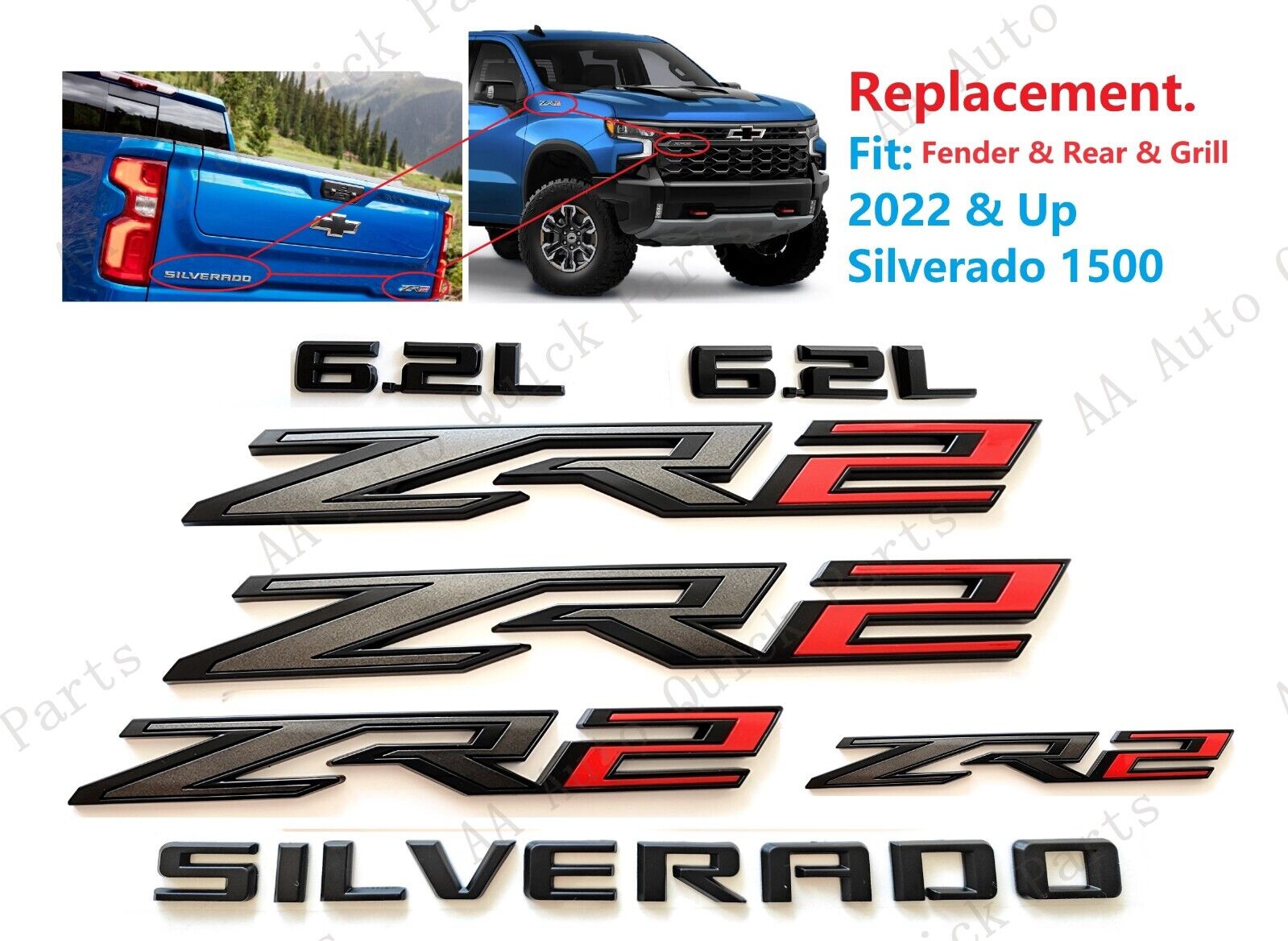 7PCS Matte Black Red ZR2 Matte Black 6.2L Silverado Emblems 2022+Silverado 1500