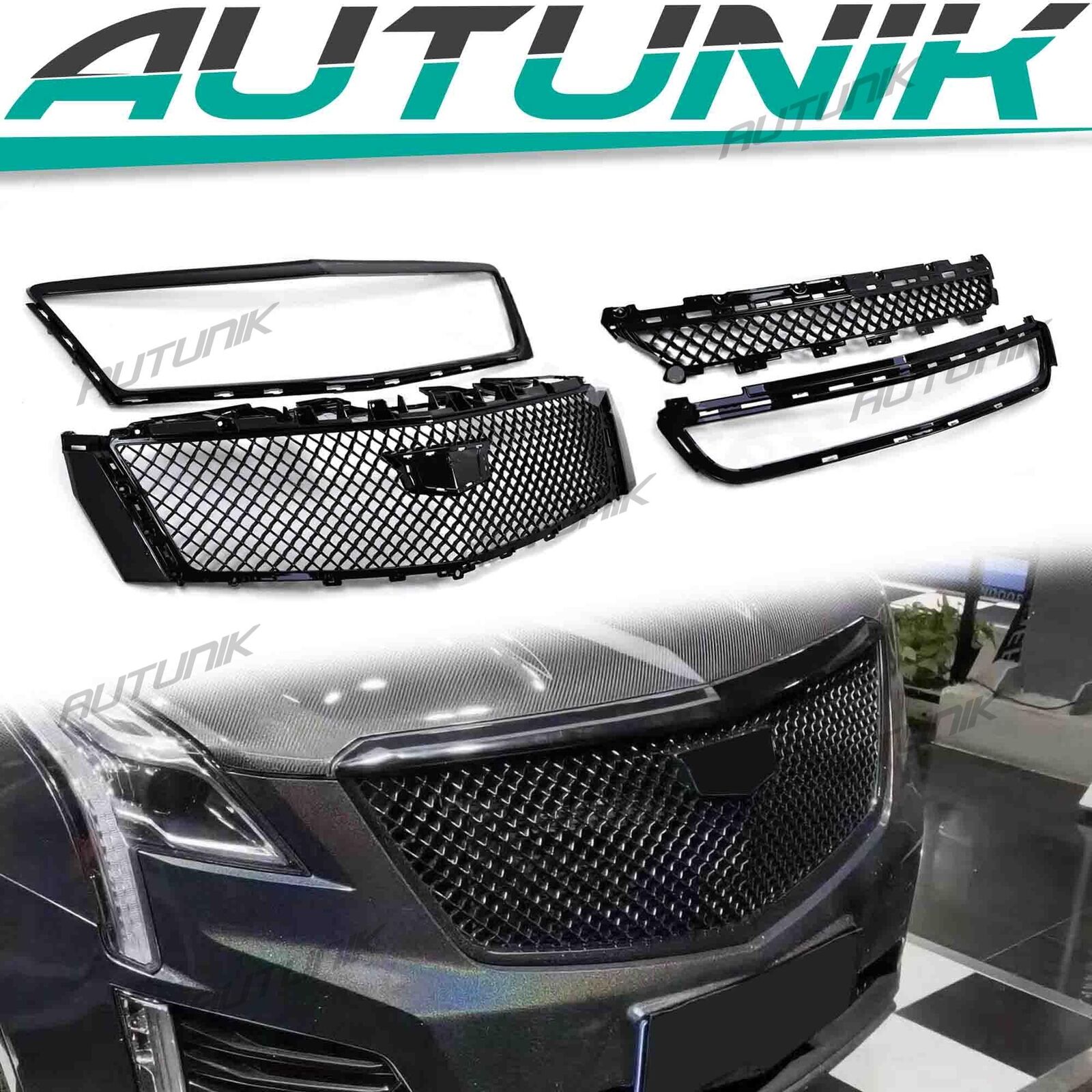 For 2013-2017 XTS Cadillac Black Front Mesh Bumper Grilles Upper & Lower Grille