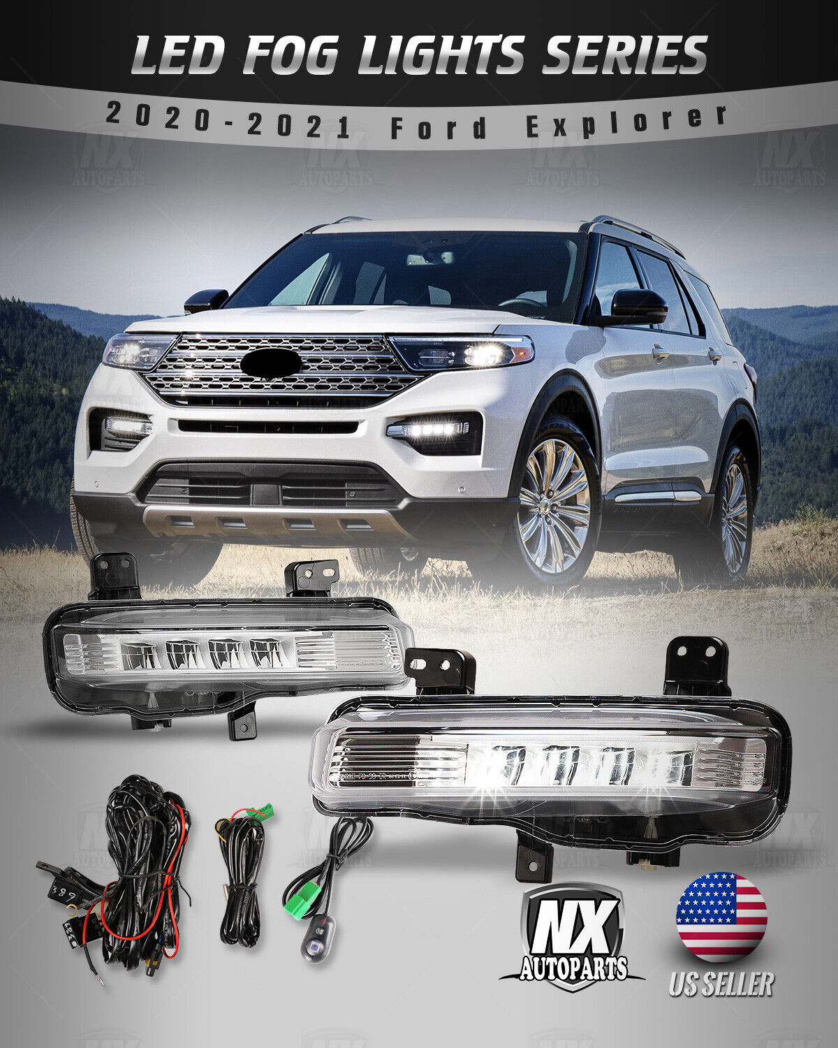 For 2020-2024 Ford Explorer LED Fog Lights Driving Bumper Lamp Switch Wiring Kit