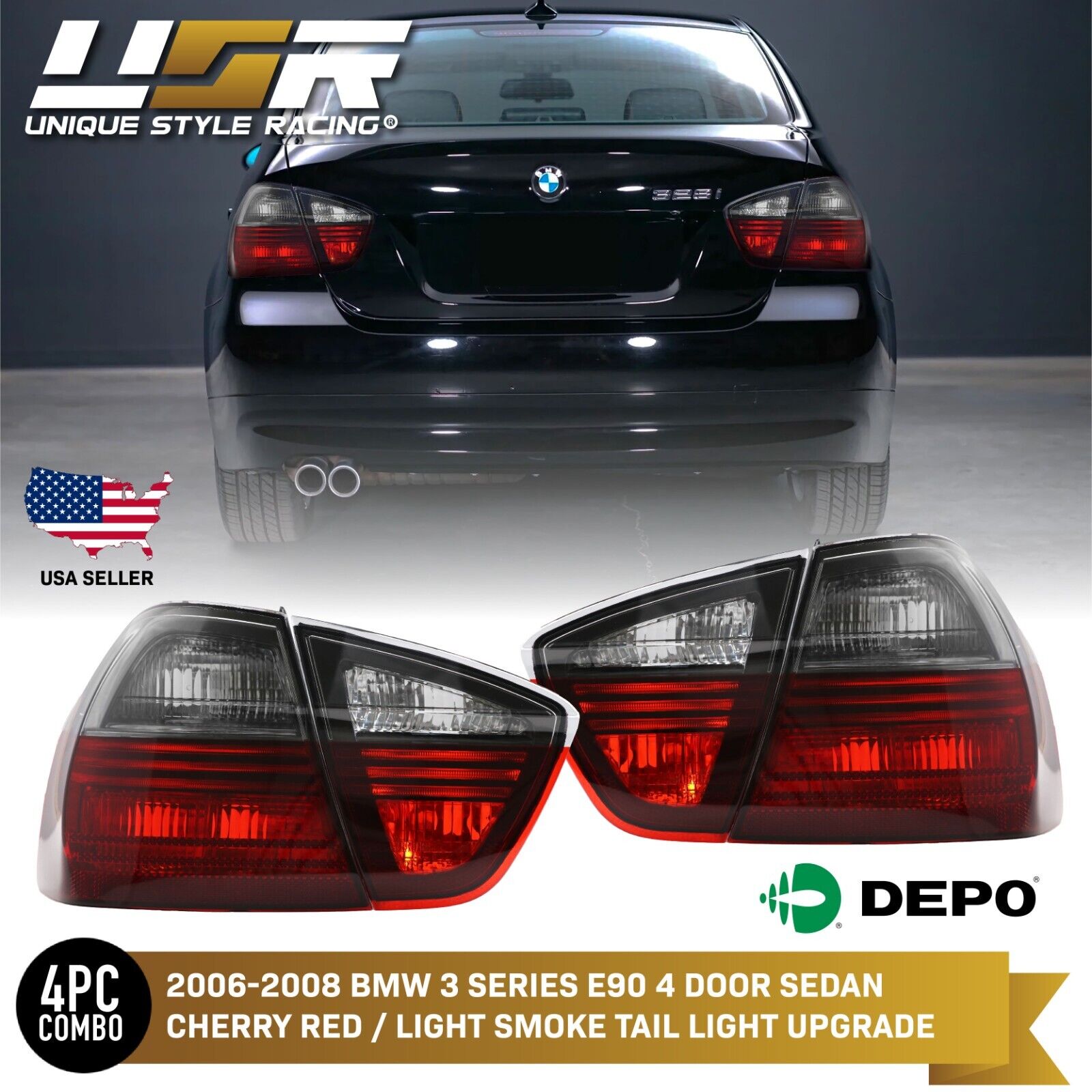 DEPO Euro Cherry Red Light Smoke Rear Tail Light Pair For 06-08 BMW E90 4D Sedan