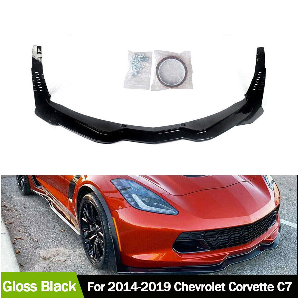Front Lip Splitter+Side Winglets For 14-19 Corvette C7 Z06 Stage 3 Gloss Black