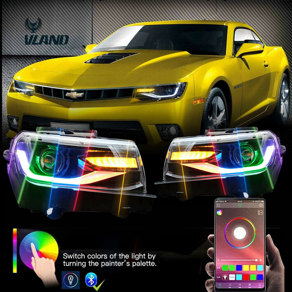 Pair New LED Headlight DRL Sequential Dual Beam For 2014-2015 Chevrolet Camaro