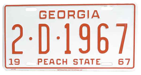 1967 Reproduction Georgia license plate, white with red letters