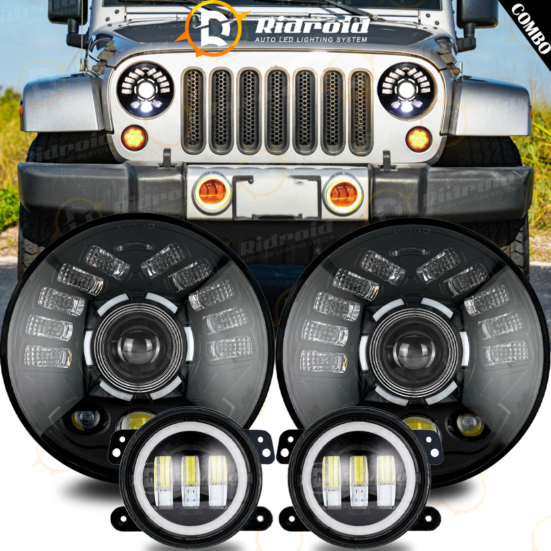 For Jeep Wrangler JK 2007-2018 Combo DOT 7\'\' LED Headlights+4\'\' Fog Lights Kits