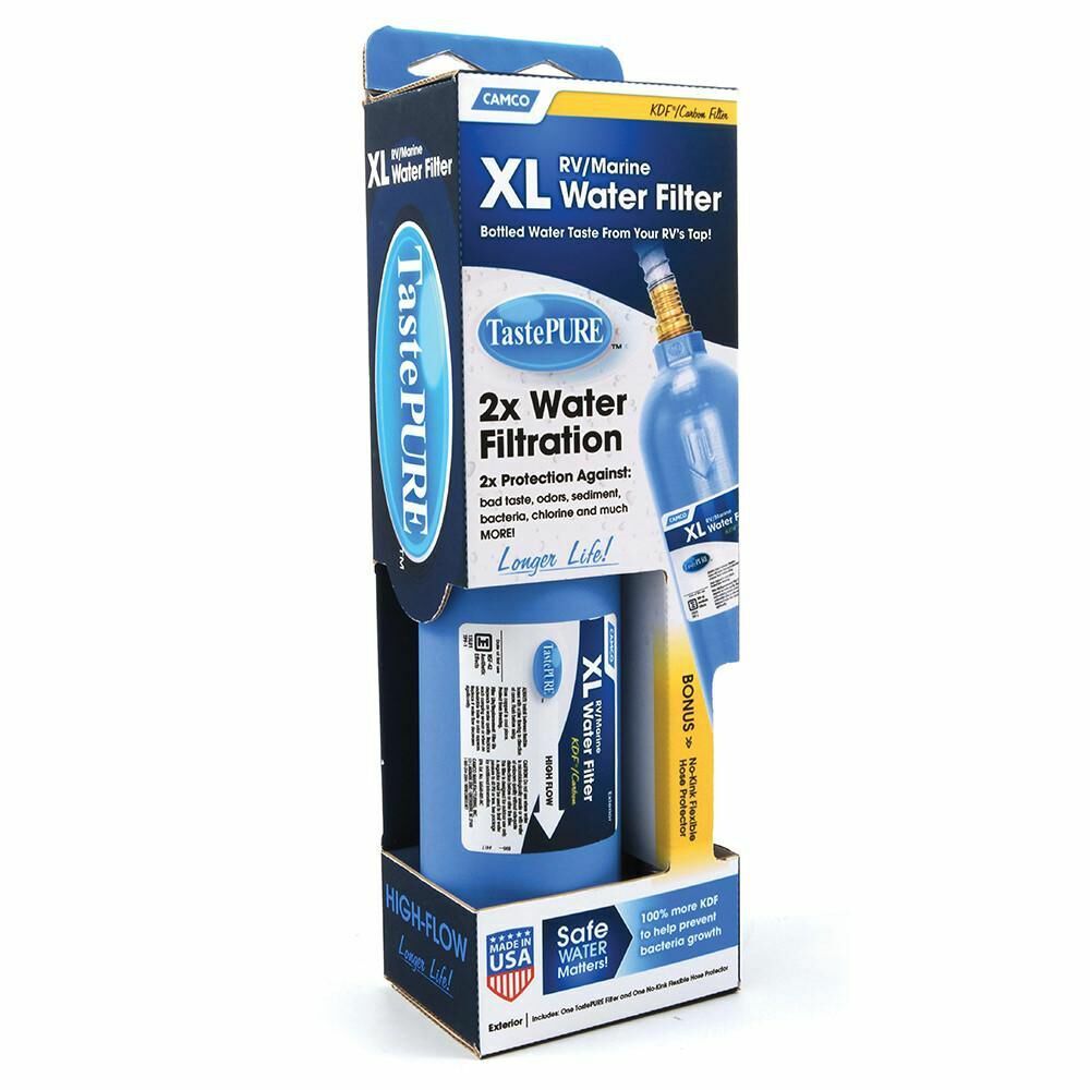 New Camco RV & Marine Exterior XL Carbon Water Filter W/ Flexible Hose 40019