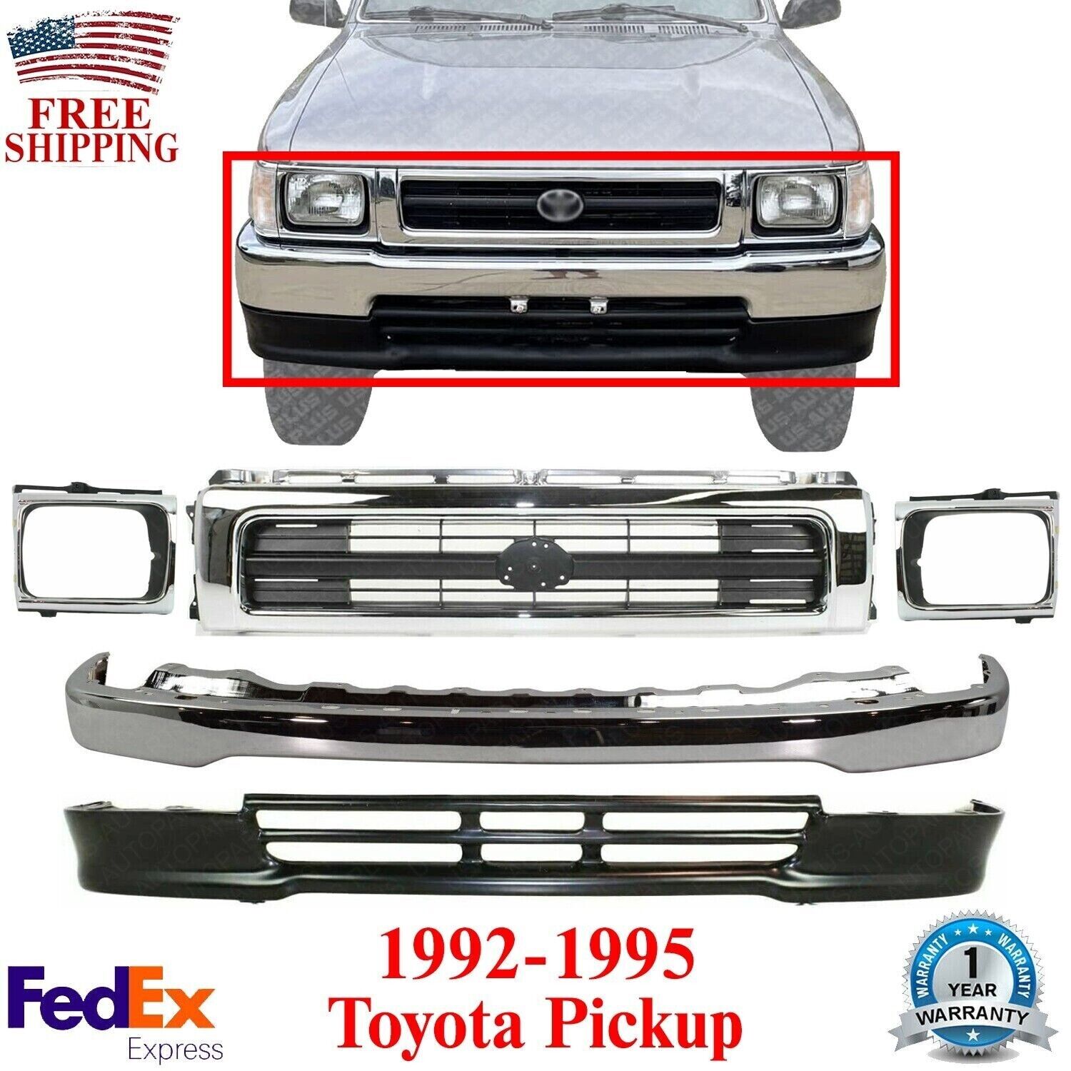 Front Bumper + Grille + Valance + Headlight Bezels For 1992-95 Toyota Pickup 4WD