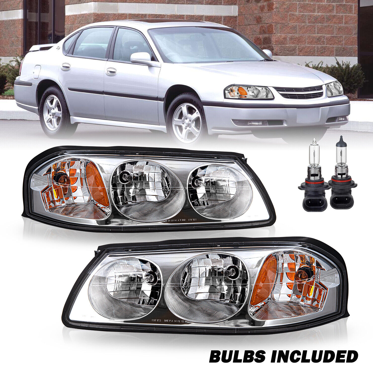 For 2000-2005 Chevy Impala Chrome 00-05 Headlight Headlamp w/ bulbs LH+RH Pair
