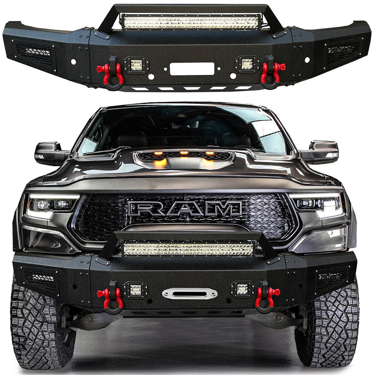 Viajy For 2021-2024 Dodge Ram 1500 TRX Front Bumper With LED Lights and D-Rings