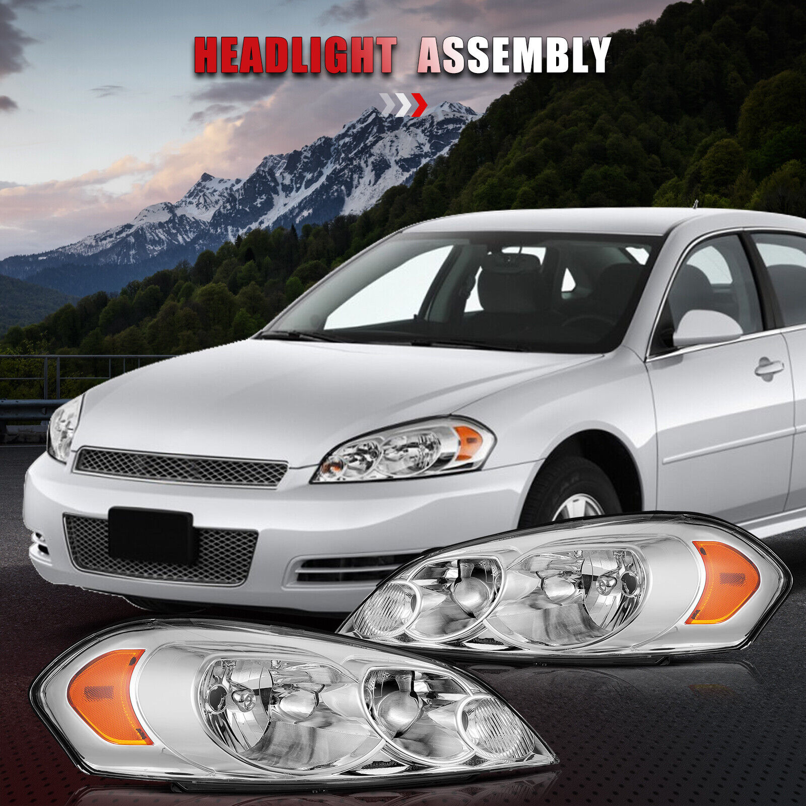 Headlights Assembly For 2006-2013 Chevy Impala Chrome Headlamps Front Left+Right
