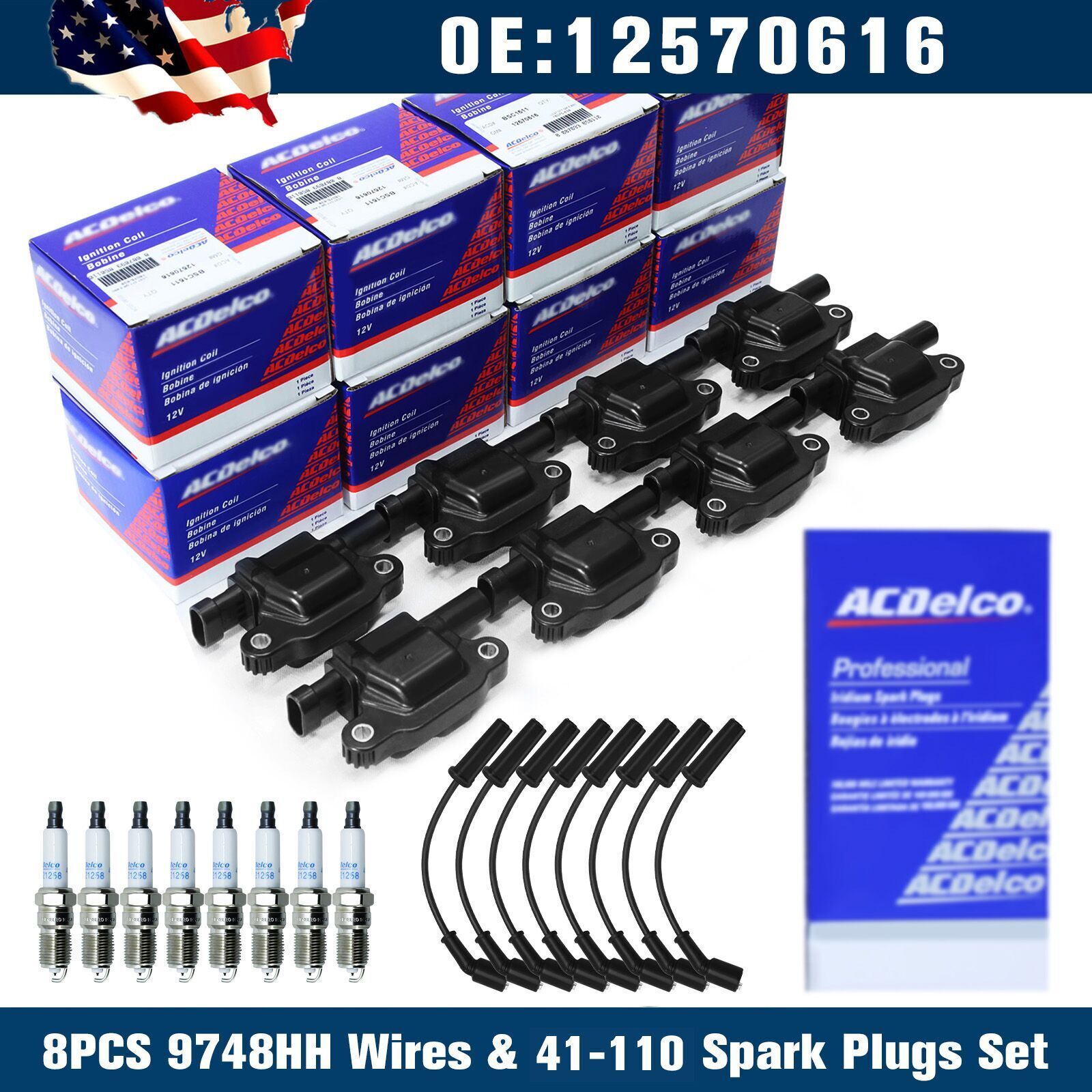 8PCS OEM UF413 Ignition Coil +8PCS 41-110 Spark Plug + 8PCS 9748UU Wire Fit GMC