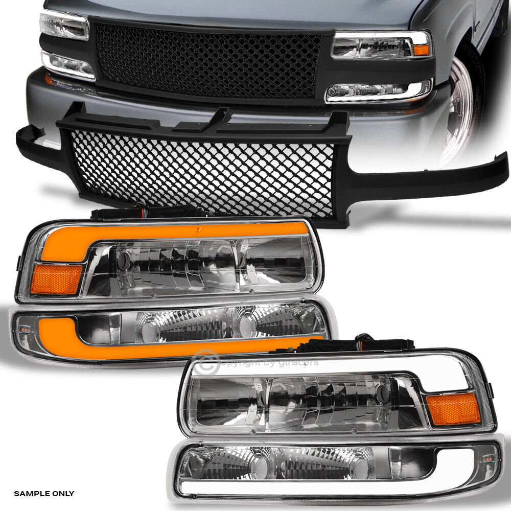 Sequential For 00-06 Suburban/Tahoe Chrome LED Headlights Am+Matte Blk M Grille