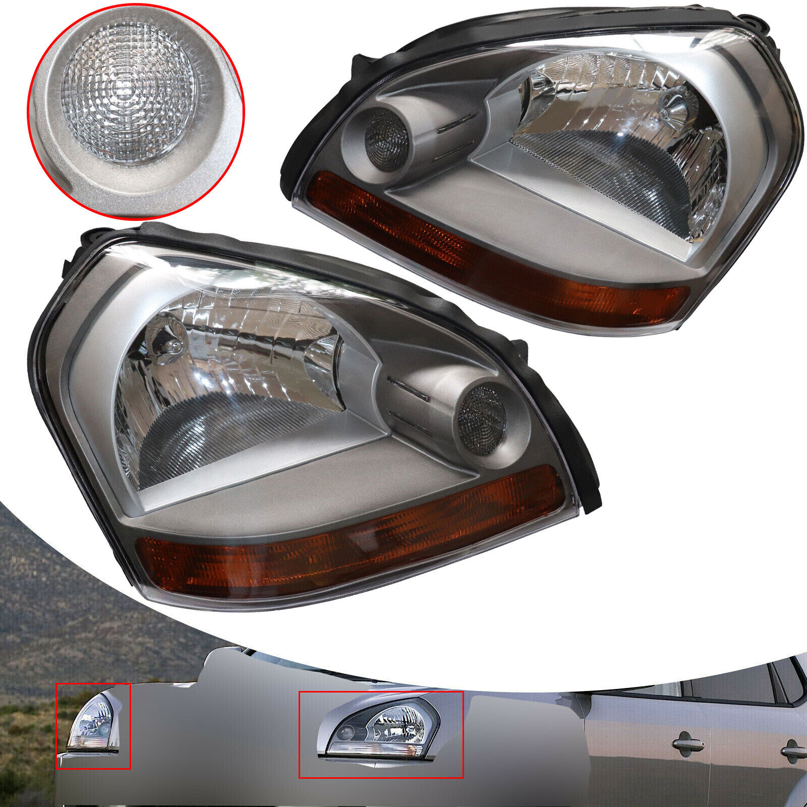 1Pair Halogen Right+Left Headlamps Headlights Assy For 2005-2009 Hyundai Tucson