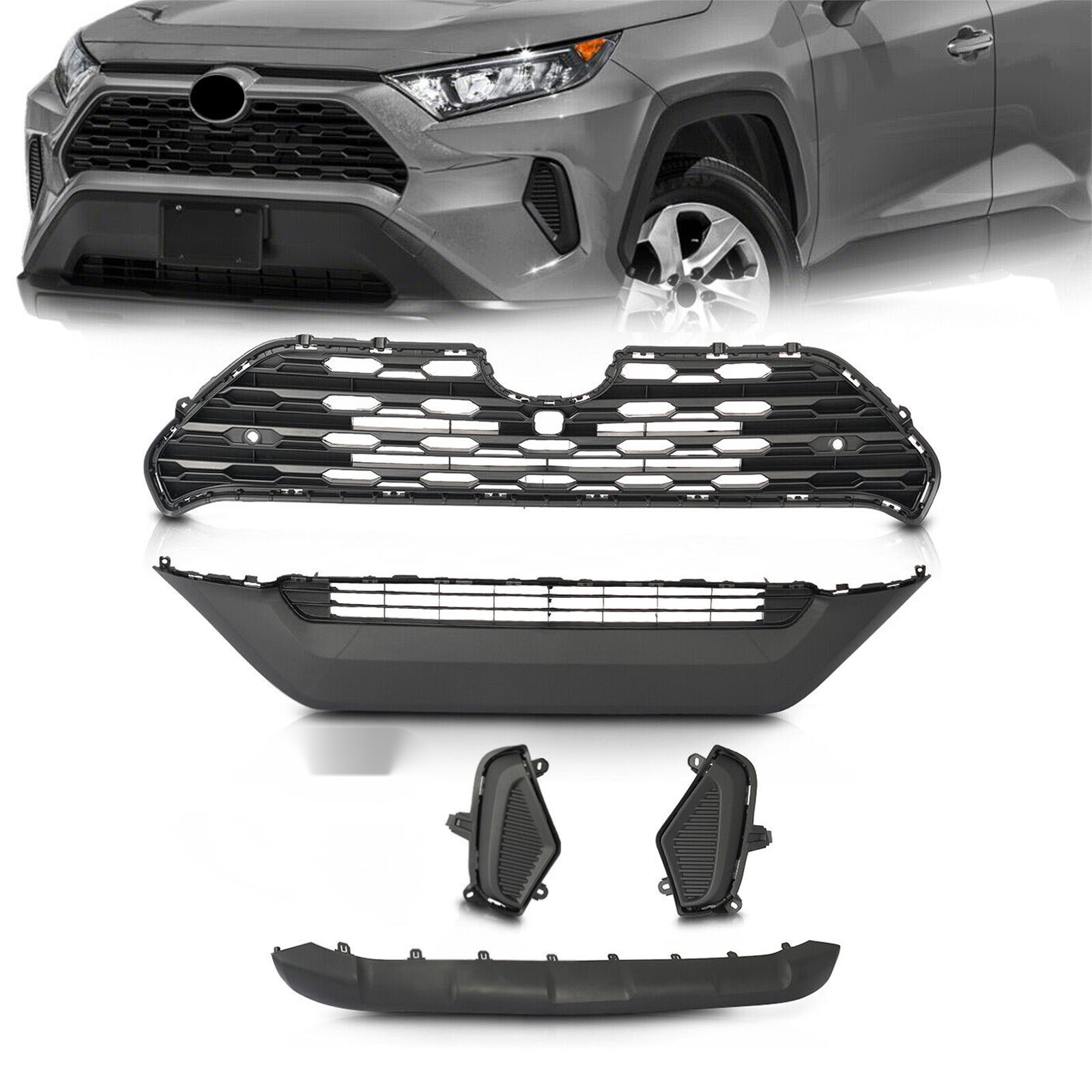 5PCS For Toyota RAV4 2019-2022 Front Bumper Upper Lower Grille Fog Light Cover