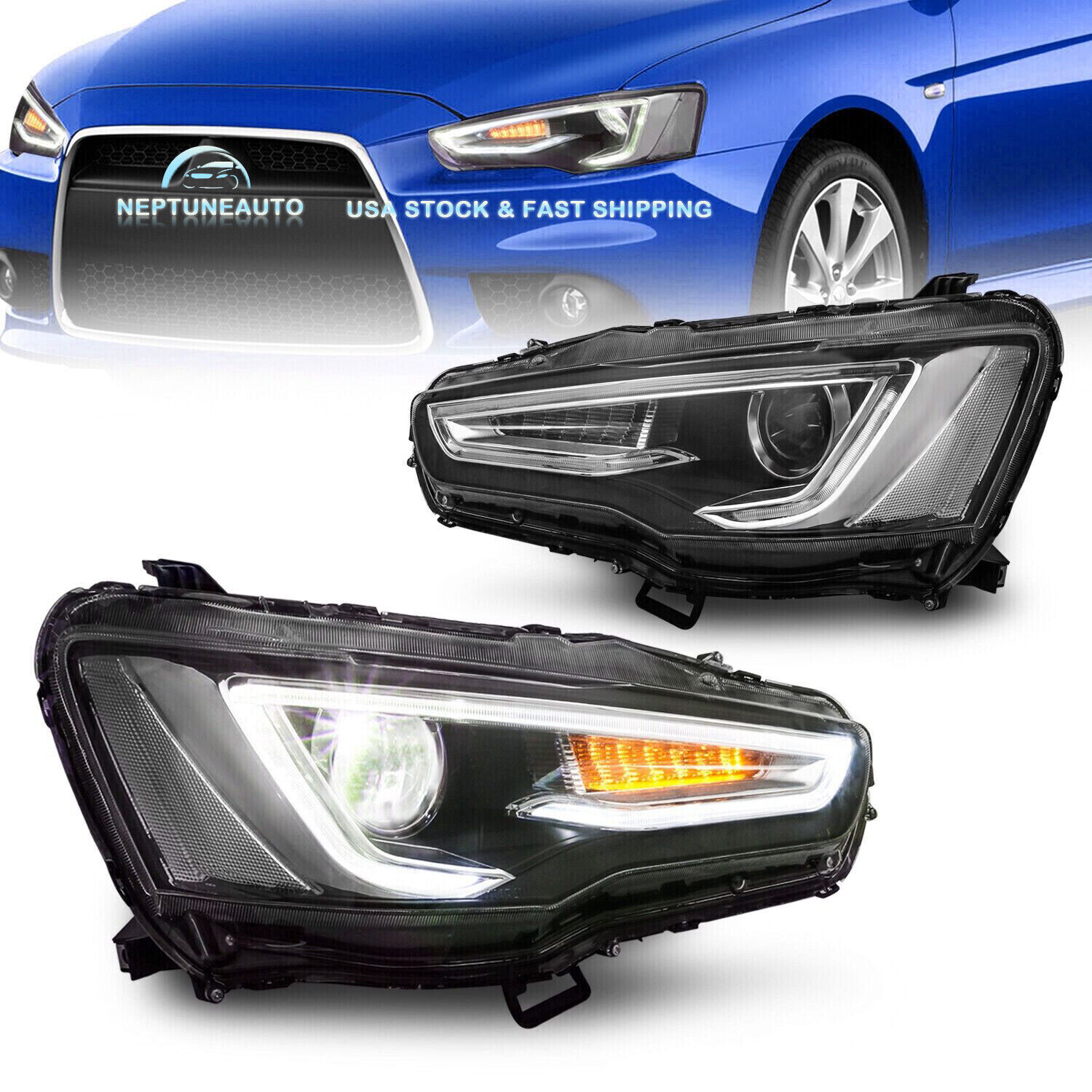 Pair LED Headlights Halo ASSY Front Light For 08-17 Mitsubishi Lancer EVO ES/GTS