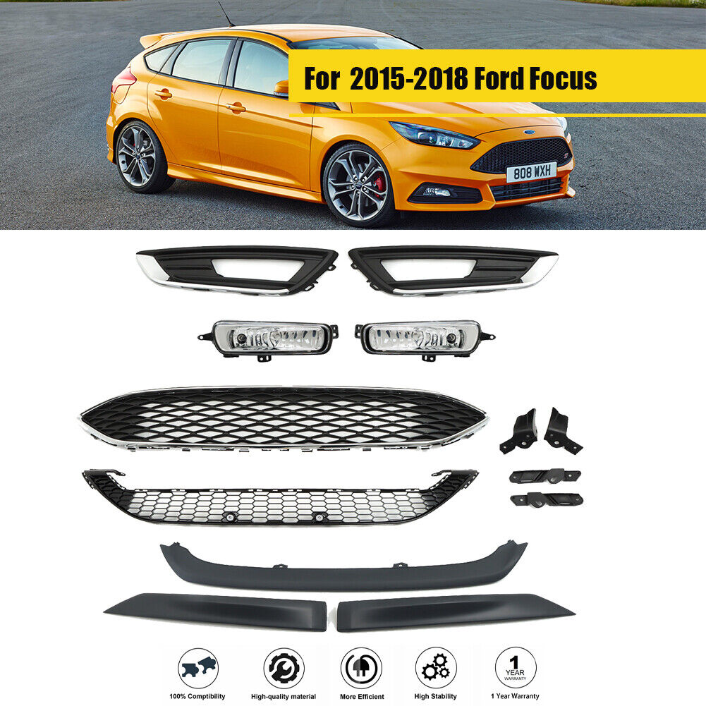 13Pcs Front Upper Lower Grille&Fog Light Set&Trim Set For 2015-2018 Ford Focus