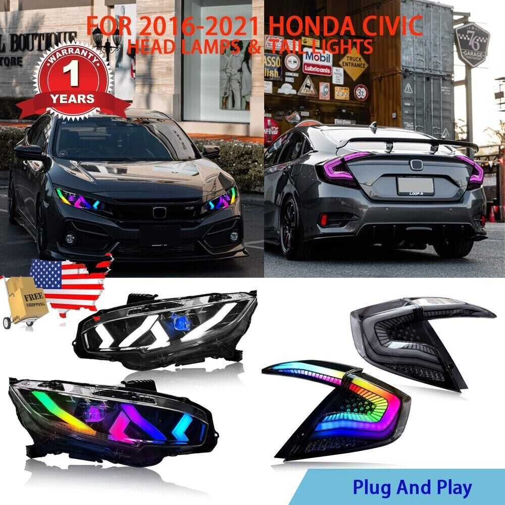 Set Fits 2016-2021 Honda Civic RGB LED Head Light ＆ Tail lamp Startup animation