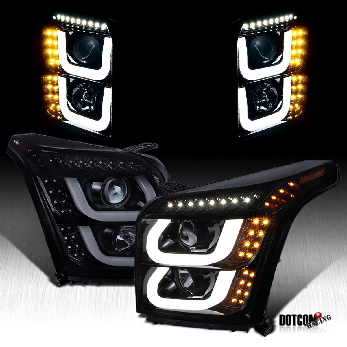 Fits 2015-2018 GMC Yukon XL Black Smoke LED Bar Projector Headlights Left+Right