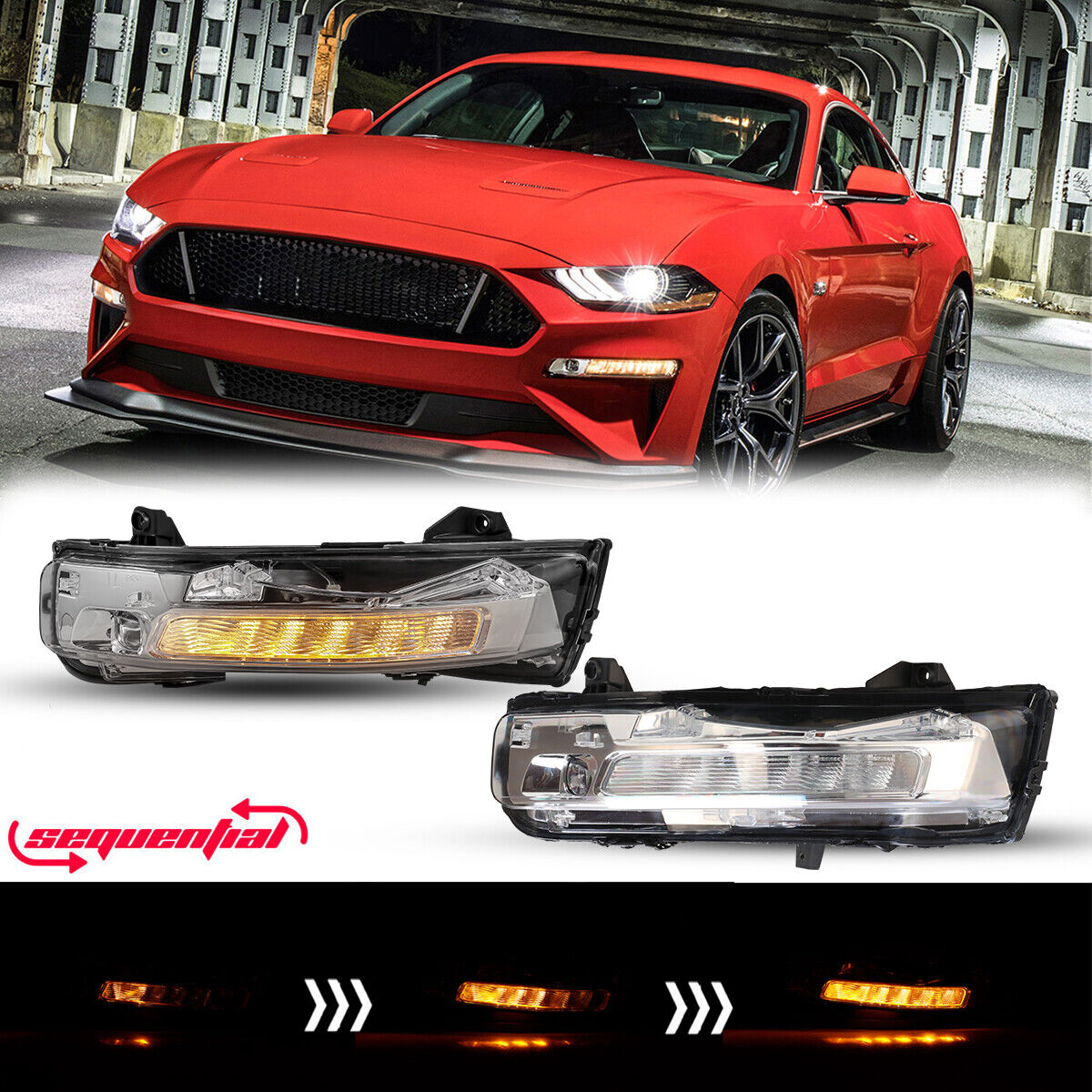 Clear LED For 2018 2019 2020-2023 Ford Mustang Fog Lights w/ DRL Squential Lamps