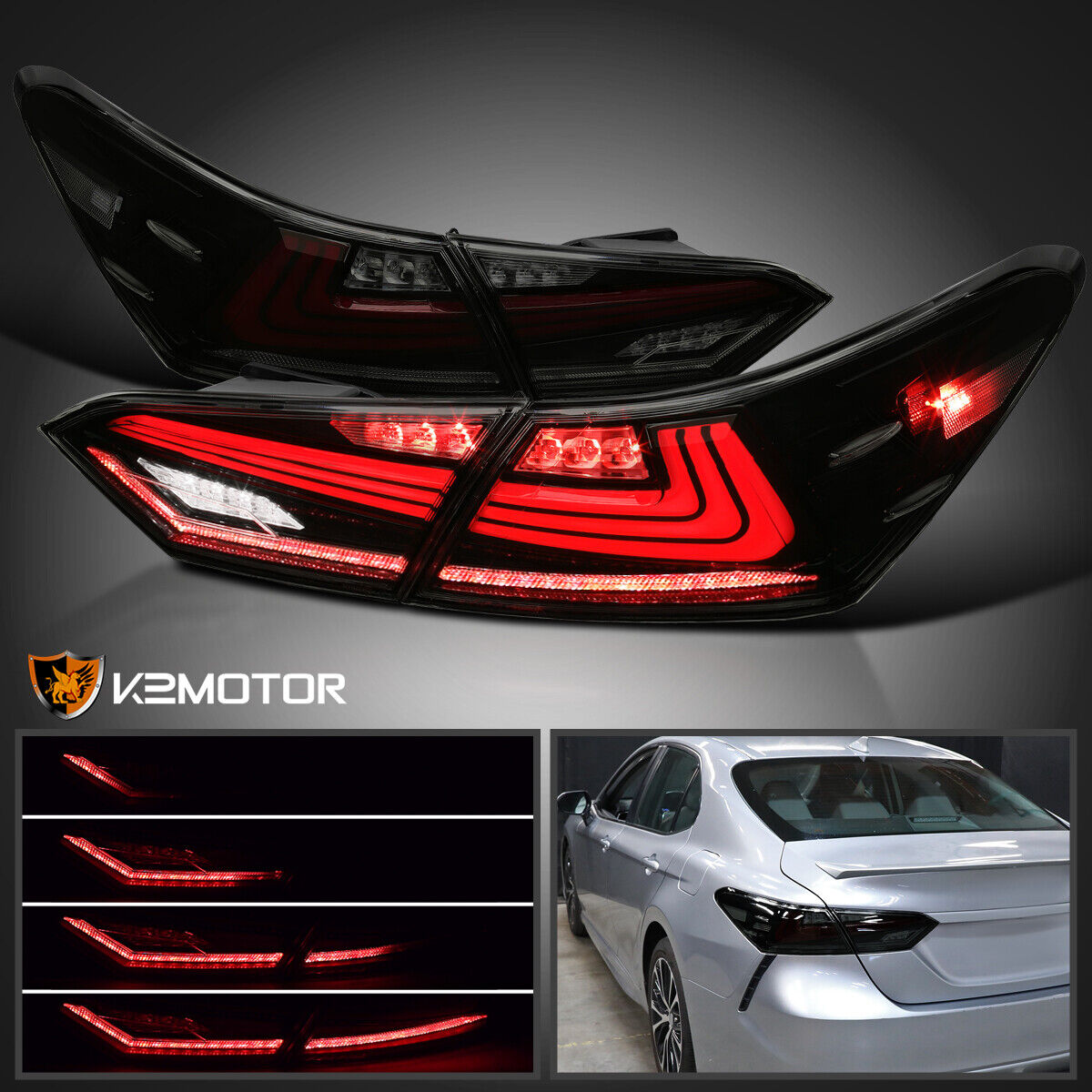 Black/Smoke Fits 2018-2022 Toyota Camry LED Tail Lights Sequential Signal Lamps