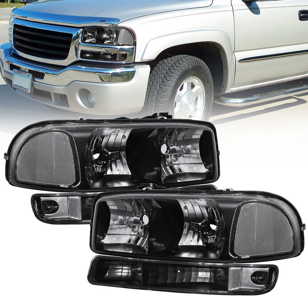 Black Headlights Assembly & Bumper Headlamps For 1999-2006 GMC Sierra Yukon