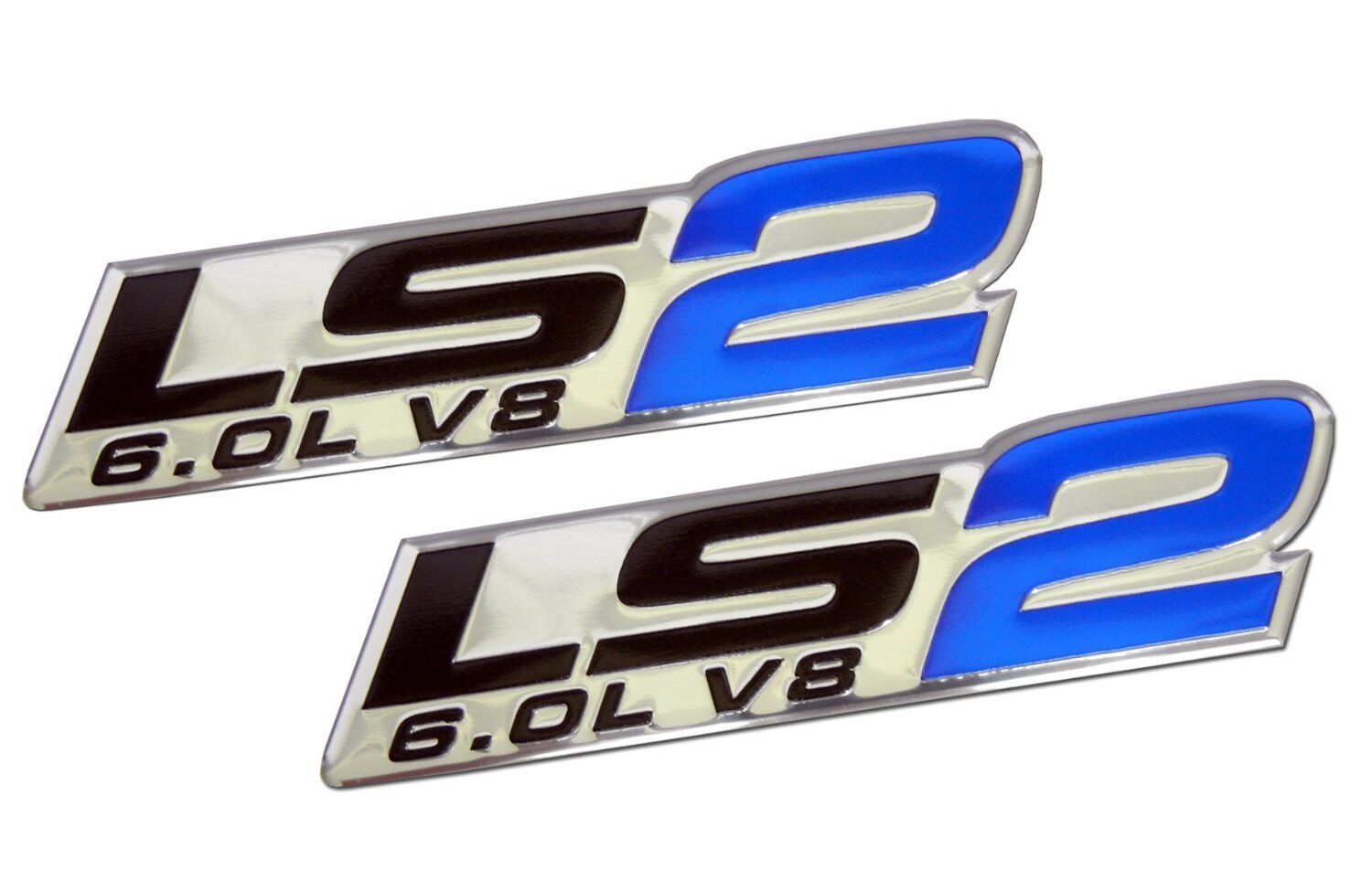 2x GM CHEVY CHEVROLET LS2 6.0L V8 ENGINE EMBLEMS BADGE CHROME SILVER PAIR Blue F