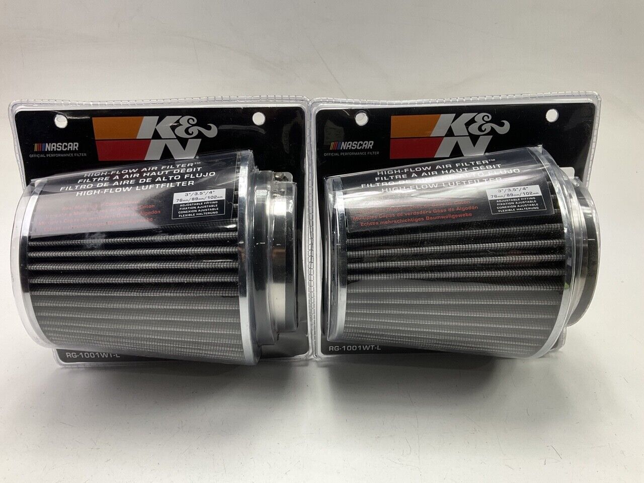 (2) K&N RG1001WTL High Performance, Universal Clamp-on Washable Cone Air Filters
