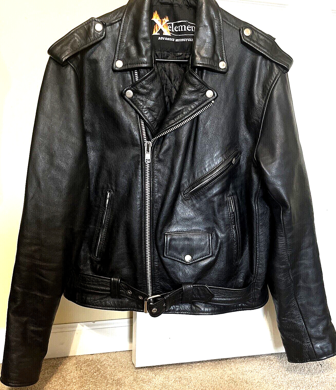 Men\'s Vintage Xelement Black Leather Motorcycle Jacket Size 44