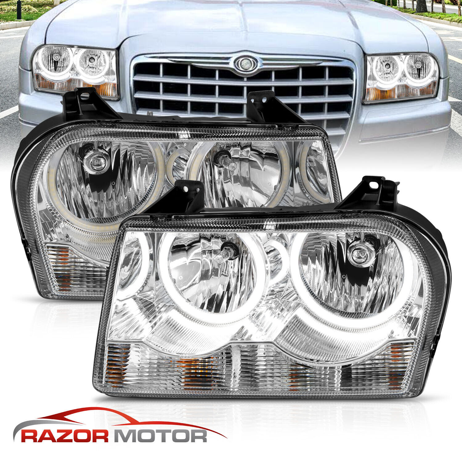 [Dual LED Ring] 2005-2010 For Chrysler 300 Chrome Halos Replacement Headlights