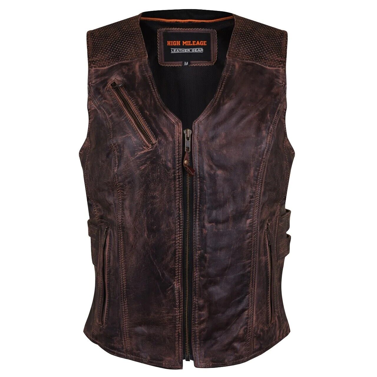Ladies EXTRA SMALL Vintage Brown Premium Leather Concealed Carry Biker Vest