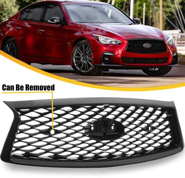 Front Upper Grille Glossy Black Grill Fit Infiniti Q50 2018 2019 2020 2021 2022
