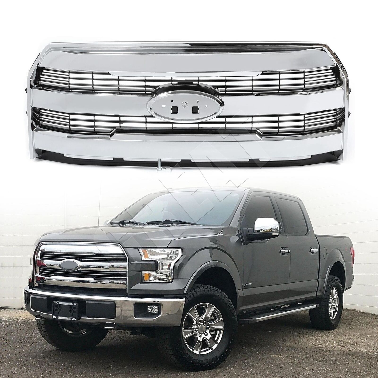 For 2015-2017 Ford F150 F-150 Front Upper Grille Grill W/O Camera Chrome