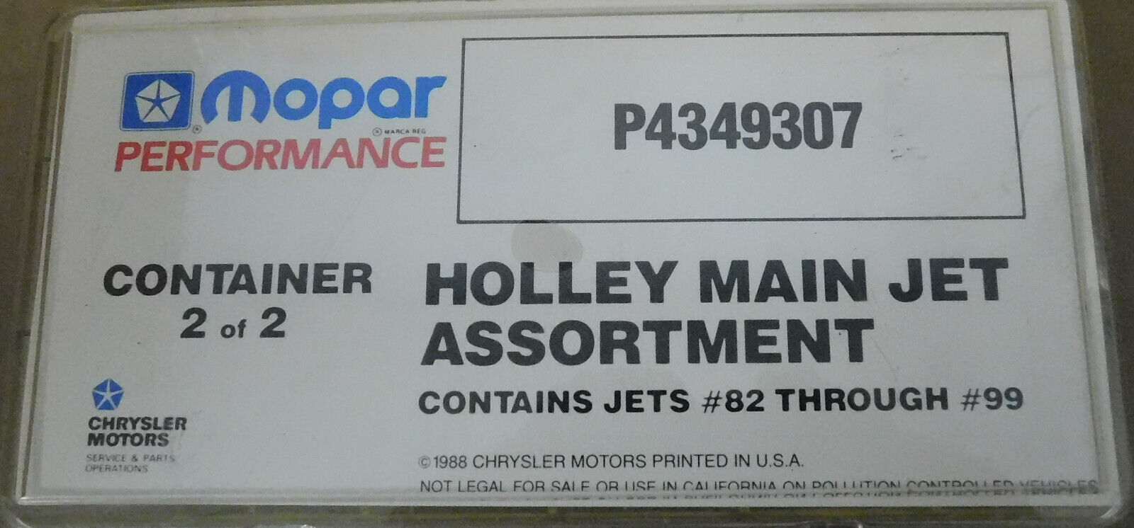Mopar Performance NOS P4349207 Holley Main Jet Assortment #82-#99, 2) Each Size