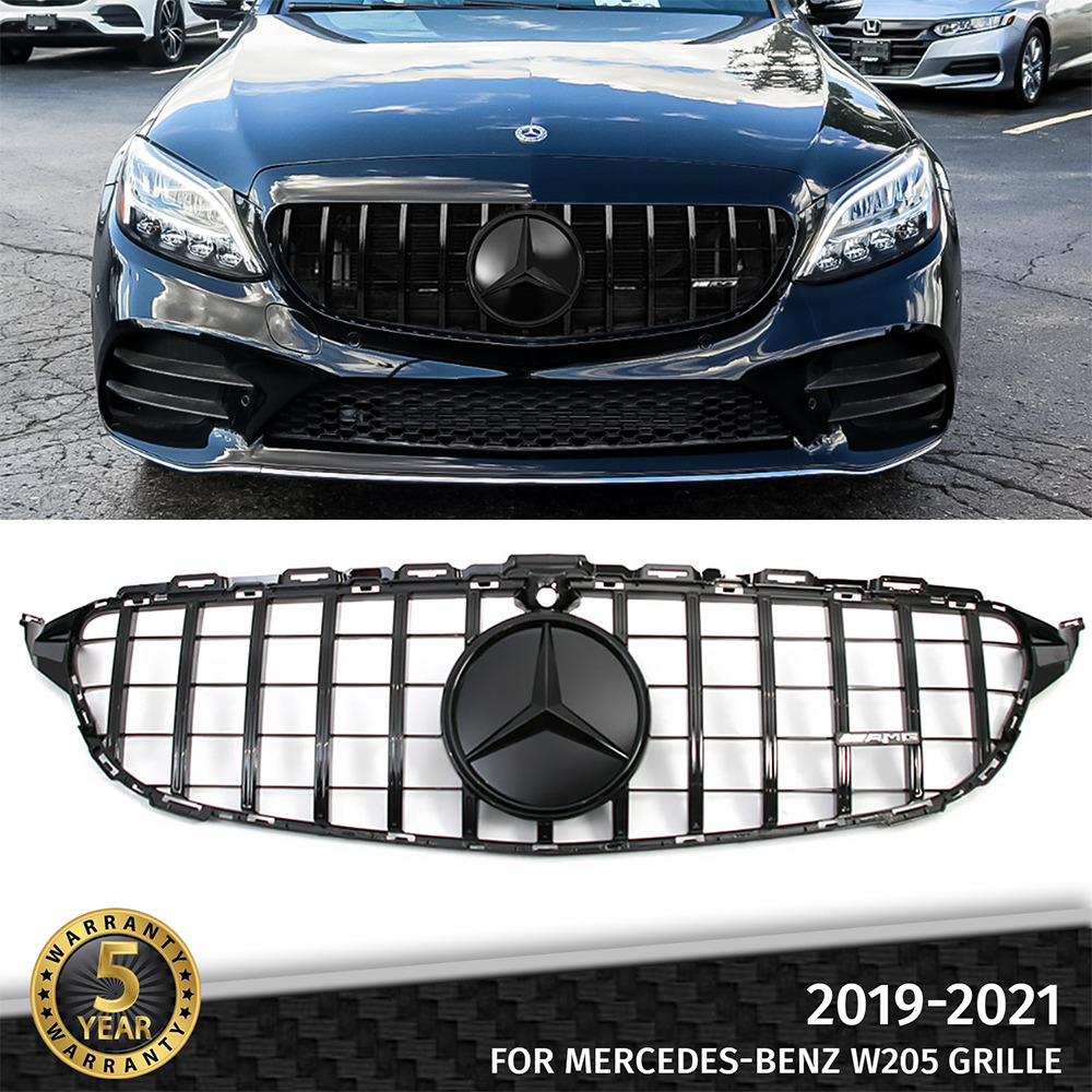 For Mercedes Benz W205 C300 2019-2021 GT R Style Front Grille Black W/3D Emblem