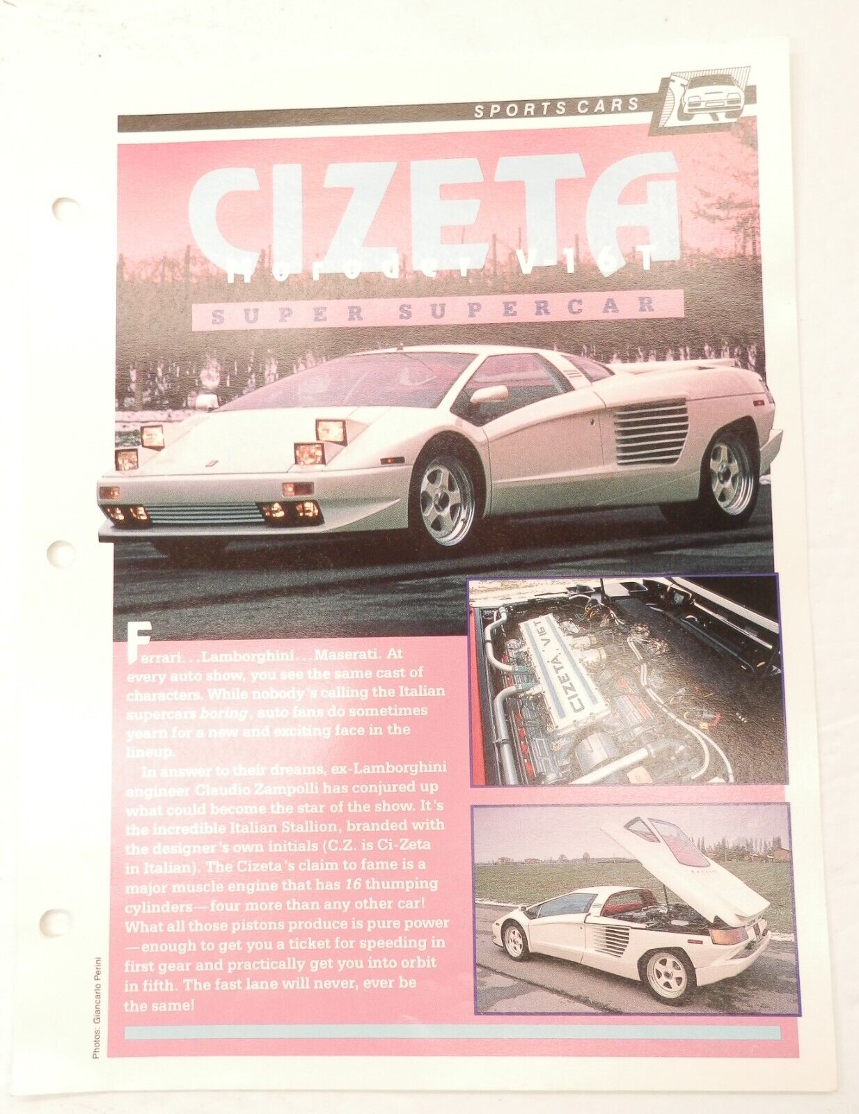 Cizeta-Moroder V-16 T Concept Sports Car 1988 V16T Car Spec Sheet Fact Card