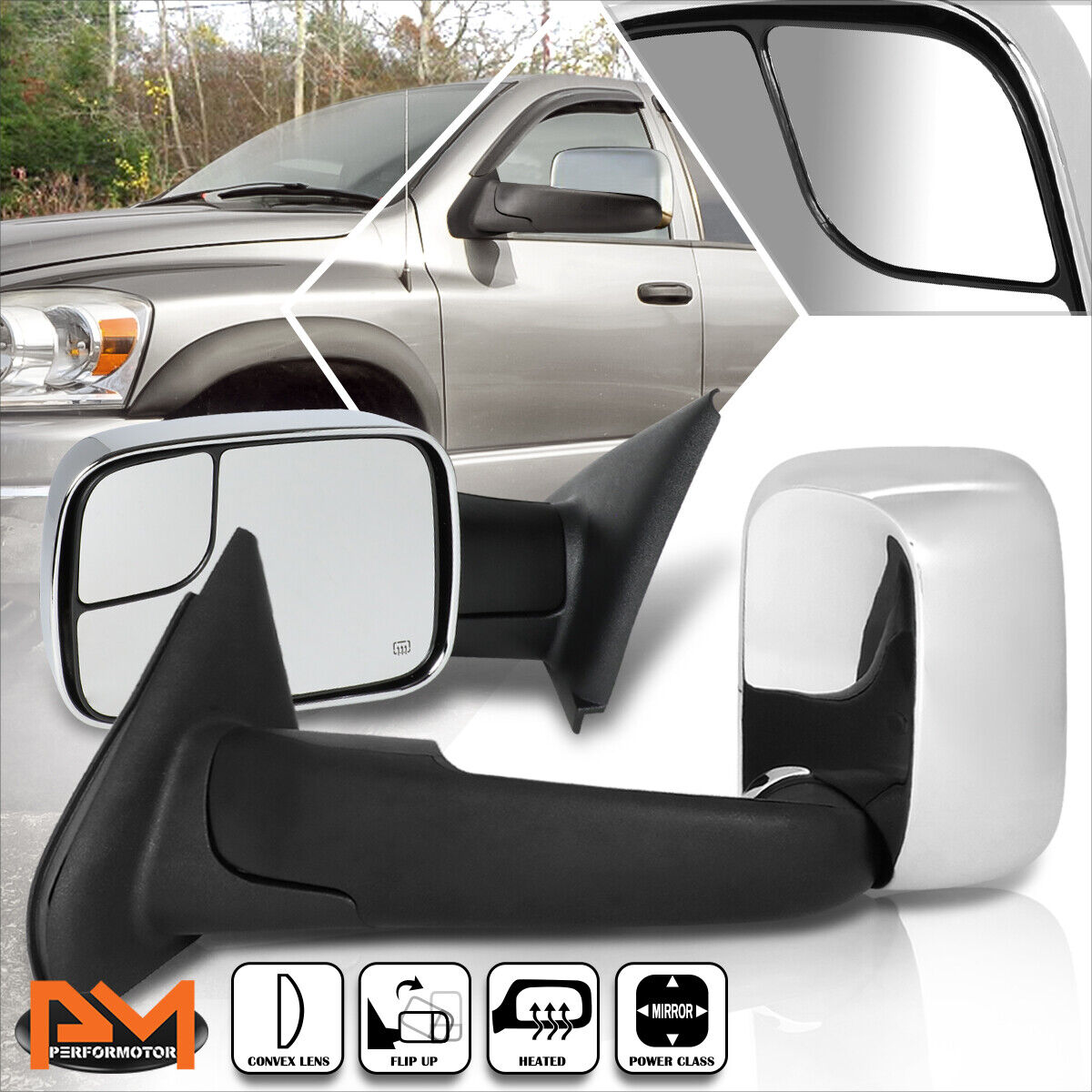 For 02-09 Dodge Ram 1500/2500/3500 Powered+Heated Chrome Side Towing Mirror Pair