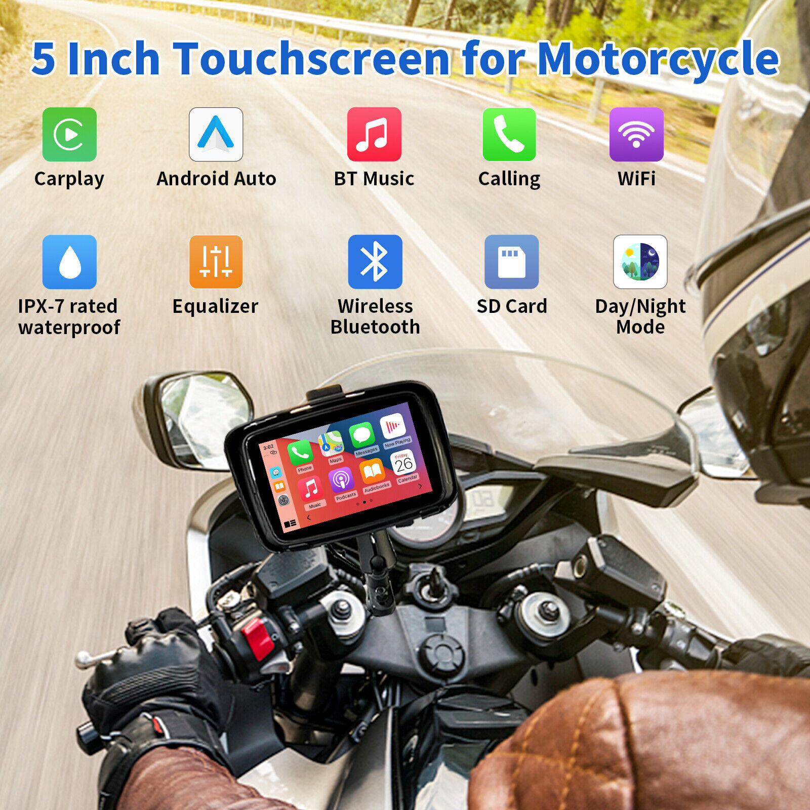 Touch Screen GPS Portable Motorcycle Navigator Wireless CarPlay Waterproof 5\