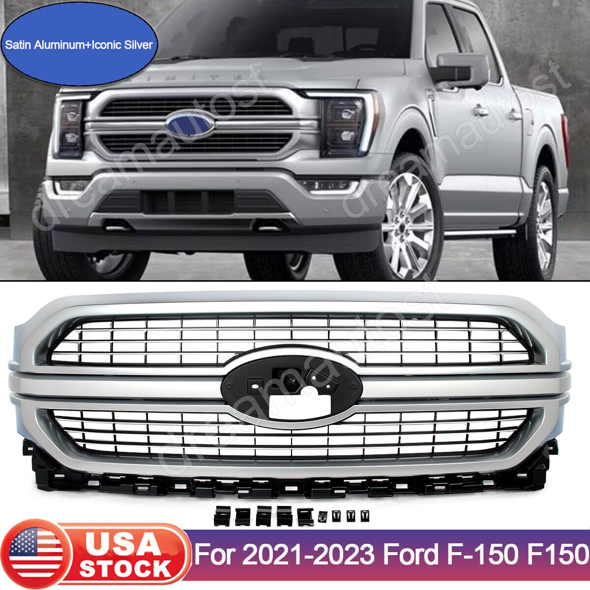 Front Bumper Grille Grill Satin Aluminum For Ford 2021-2023 F-150 F150 Limited