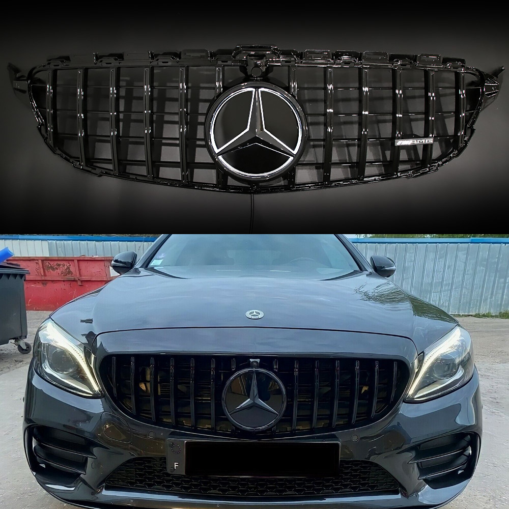 Black GT R Style Grille W/Led Emblem For Mercedes Benz C-Class W205 2015-2018