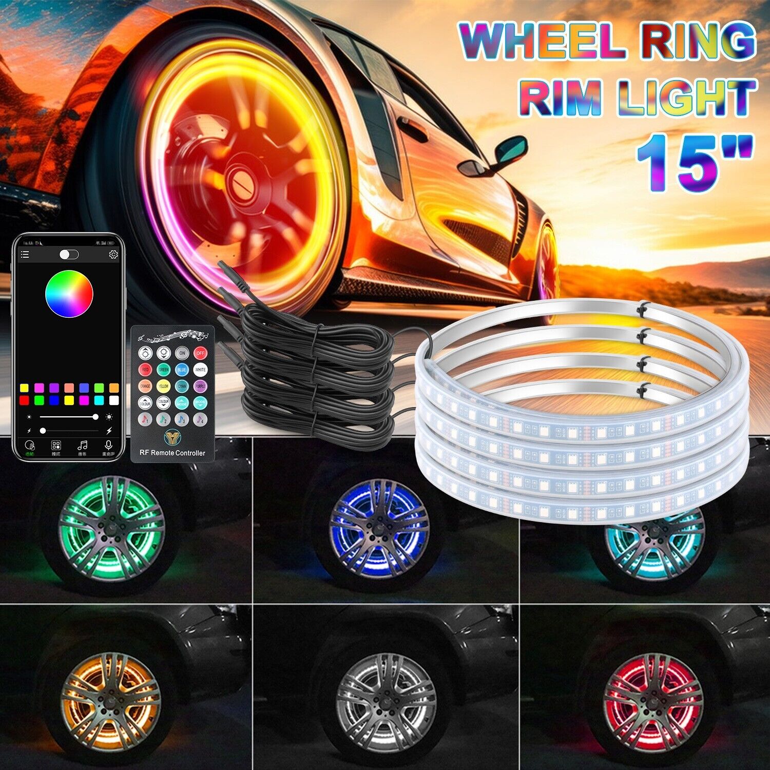 15'' RGB Wheel Ring Lights LED Light For Truck Car Rim Lights APP